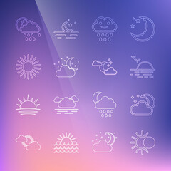 Set line Eclipse of the sun, Cloud with moon and stars, Sunset, rain, and icon. Vector