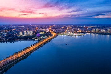 Fototapeta premium Aerial top view of city Kazan Kazanka river embankment sunset, Tatarstan Russia