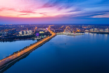 Aerial top view of city Kazan Kazanka river embankment sunset, Tatarstan Russia