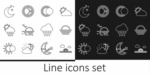 Set line Sunset, Eclipse of the sun, Cloud with rain and, Moon stars, and icon. Vector