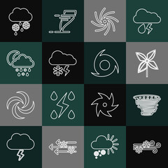 Set line Wind and snow, Tornado, Pinwheel, Cloud with lightning, rain, moon, and icon. Vector