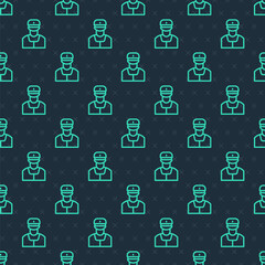 Green line Train conductor icon isolated seamless pattern on blue background. Vector