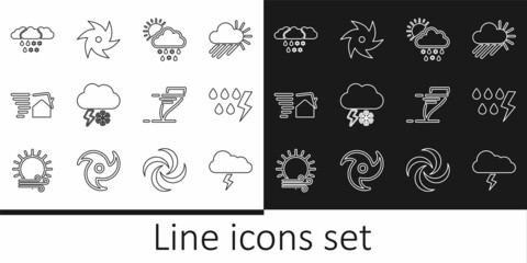 Set line Storm, Cloud with snow, rain, sun, and lightning, Tornado swirl, and icon. Vector