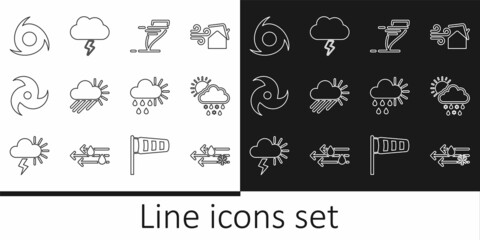 Set line Wind and rain with snow, Cloud snow, rain, sun, Tornado, Cloudy, and Storm icon. Vector