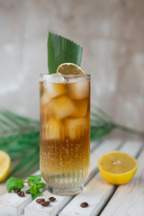 cocktail cold with ice espresso tonic glass with lemon with bamboo leaf