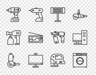 Set line Angle grinder, Washer, Electric heater, Computer monitor, cordless screwdriver, Radio, jigsaw and icon. Vector