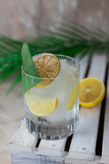 cocktail cold with ice gintonic transparent with lemon and bamboo leaf