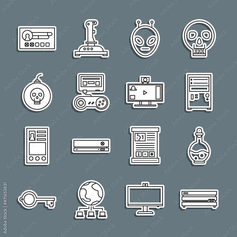 Poster set line video game console, bottle with magic elixir, computer, alien, game joystick, bomb ready to