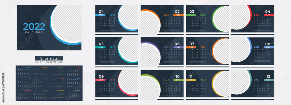 Poster two formats complete set of 12 month, 2022 calendar template layout with space for image in grayish 