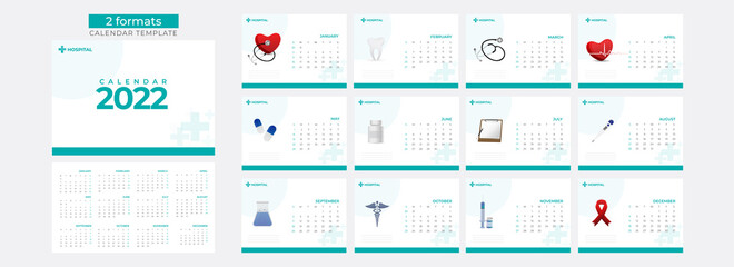 Fototapeta na wymiar Two Formats Of 2022 Yearly Calendar Design In Pastel Blue And White Color For Medical Concept.