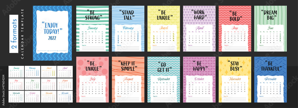 Poster 2 formats of 2022 yearly calendar template layout with inspiring quotes in various pattern.