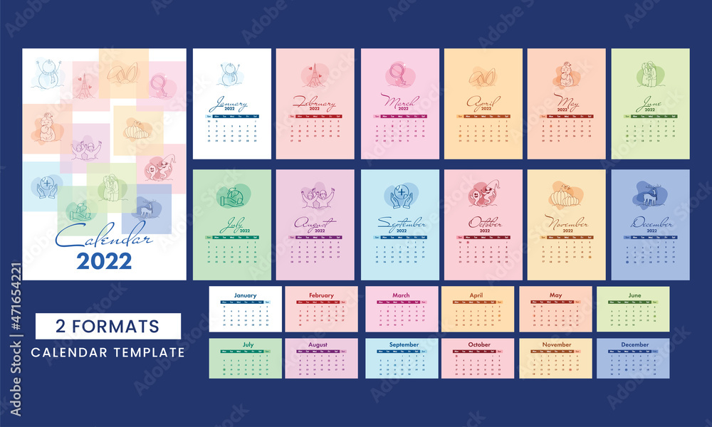 Poster two formats of 2022 yearly calendar design with seasonal elements in different pastel colors.