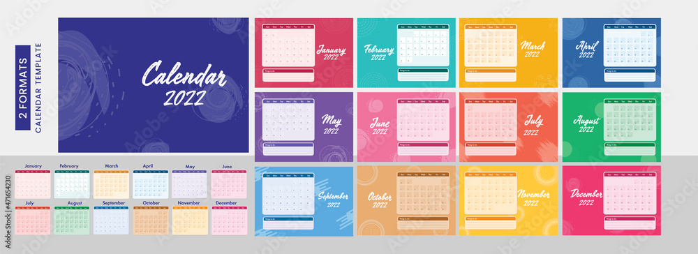 Poster colorful complete set of 12 month calendar design with two formats for 2022 year.