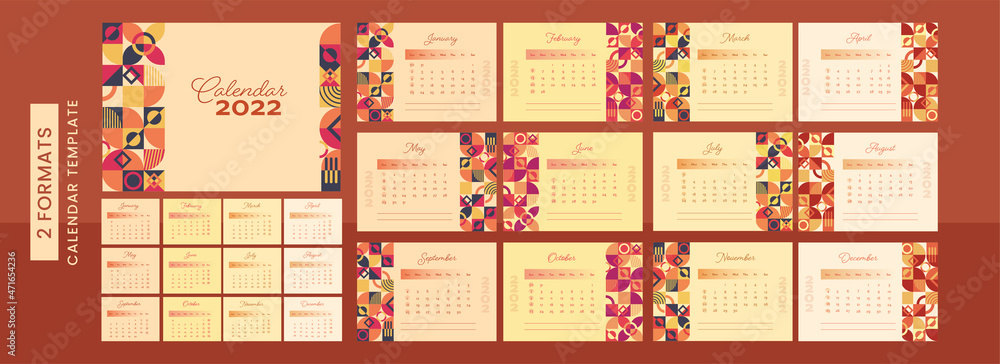 Poster 2022 yearly calendar template layout with geometric shapes in 2 formats style.
