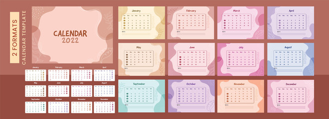 Complete Set Of 12 Month Yearly Calendar Design In Pastel Colors For 2022.
