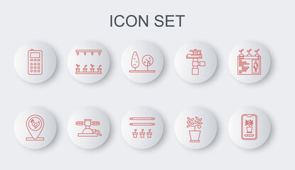 Set line Smart control farming system, Chicken and location, Trees, Plant pot, Remote, Automatic irrigation sprinklers, and with bulb plant icon. Vector