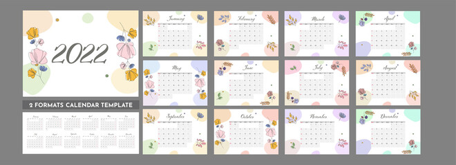 2022 Floral Yearly Calendar Template Layout In Two Formats.