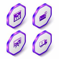 Fototapeta premium Set Isometric Browser with stocks market, Mail and e-mail, Monitor graph chart and Armored truck icon. Purple hexagon button. Vector