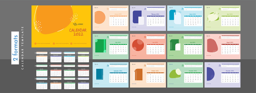 Colorful Complete Set Of 12 Month Yearly Calendar Design With Copy Space For 2022.