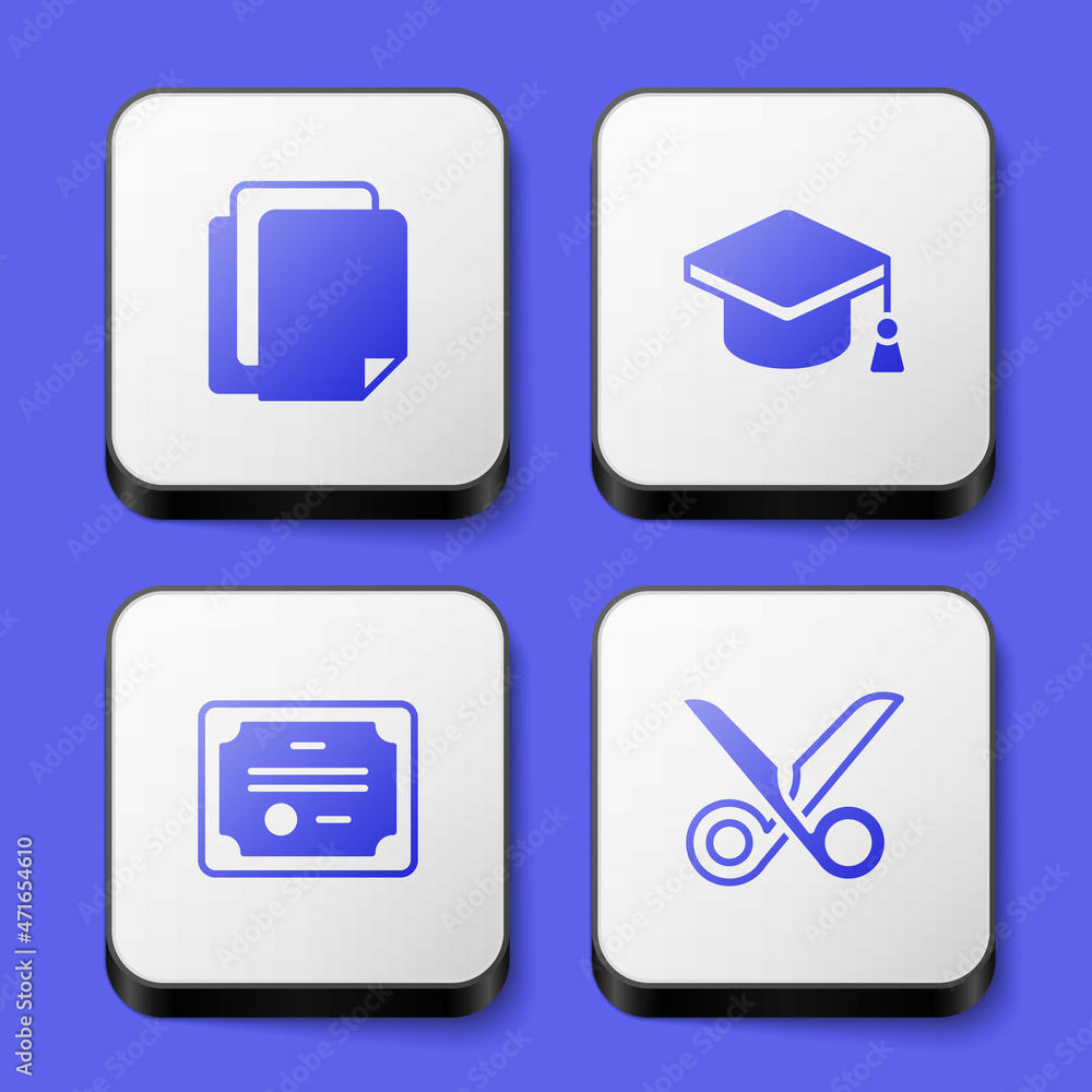 Poster set file document, graduation cap, certificate template and scissors icon. white square button. vect