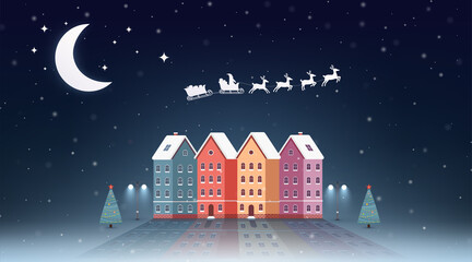 Obraz na płótnie Canvas Christmas New Year banner design with Santa Claus on sleigh over city at night. Winter evening city with lanterns and Christmas trees.