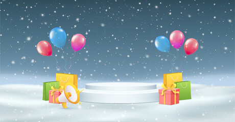 Fototapeta na wymiar New Year's Christmas podium with balloons, gifts on background of falling snow and drifts. New Years scene for sales.