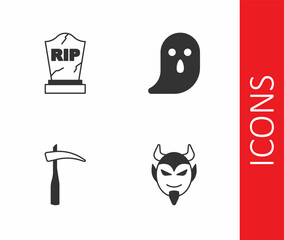 Set Devil head, Tombstone with RIP written, Scythe and Ghost icon. Vector