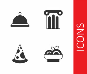 Set Pasta spaghetti, Covered with tray of food, Slice pizza and Ancient column icon. Vector