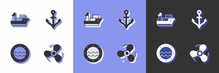 Set Boat propeller, Cargo ship, Ship porthole and Anchor icon. Vector