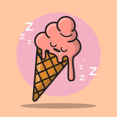 Cute cartoon ice cream with sleepy face. Kawaii ice cream in cone. A collection of sweet food emoji