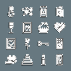 Set line Mobile with heart, Chocolate bar, Candy in shaped box, Picture frame, Wine glass, Heart light bulb and Wedding cake icon. Vector