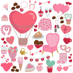 Vector illustration set of heart-shaped elements for valentine's day.Balloon, armchair, sweets, glasses, bouquet, lock, clothes are suitable for cards, wedding invitations, packaging, textiles