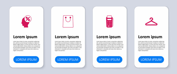 Set Hanger wardrobe, POS terminal, Paper shopping bag and Discount percent tag. Business infographic template. Vector