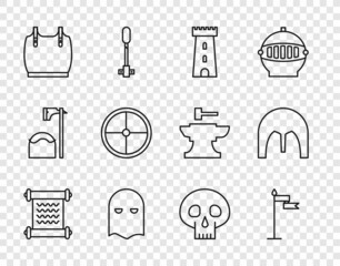 Set line Decree, parchment, scroll, Medieval flag, Castle tower, Executioner mask, Body armor, Round wooden shield, Skull and iron helmet icon. Vector