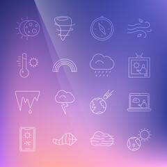 Set line Earth globe and sun, Weather forecast, Compass, Rainbow, Meteorology thermometer, Eclipse of and Cloud with rain icon. Vector