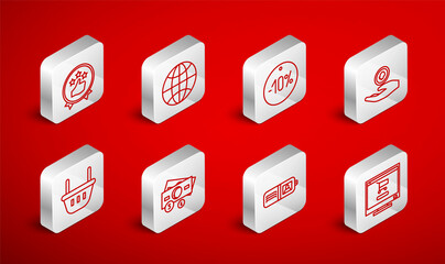 Set line Shopping cart on computer, Worldwide, Ten discount percent tag, Hand holding coin money, Wallet, Consumer customer product rating, Stacks paper cash and basket icon. Vector