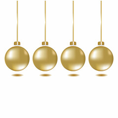  Set of golden Christmas balls. Isolated over white background. Christmas gold decoration. Hanging toy made of transparent glass. Sphere of shine. Ideal for invitation and gift cards, posters, etc.