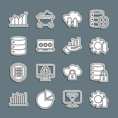 Set line Arrow growth gear, Server security with lock, Cost reduction, Cloud download and upload, Laptop password, Server, Data, Web Hosting, Pie chart infographic and icon. Vector