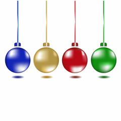 set of realistic Christmas and New Year colorful balls on a white background. Red, blue, green, yellow colors. Glass trinket. Hanging glass and shiny balls.