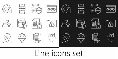 Set line Sales funnel with chart, Browser exclamation mark, Server shield, security lock, Hierarchy organogram, Arrow growth gear, Document and and Mobile password icon. Vector