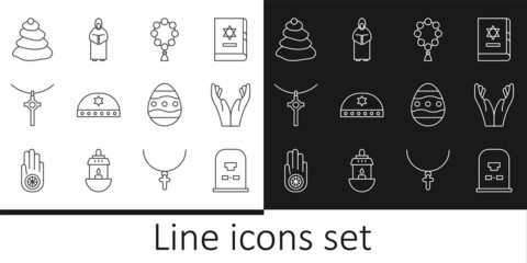 Set line Tombstone with RIP written, Hands in praying position, Rosary beads religion, Jewish kippah star of david, Christian cross chain, Stack hot stones, Easter egg and Monk icon. Vector