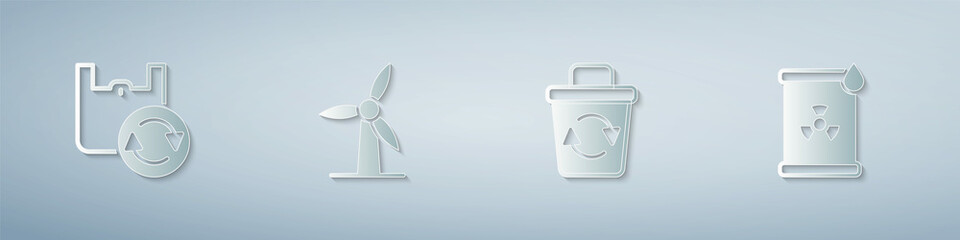 Set Shopping bag with recycle, Wind turbine, Recycle and Radioactive waste barrel. Paper art style. Vector