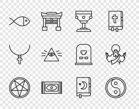 Set line Pentagram in a circle, Yin Yang, Christian chalice, Traditional carpet, fish, Masons, Holy book of Koran and Jesus icon. Vector