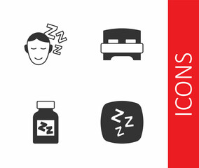 Set Sleepy, Dreams, Sleeping pill and Big bed icon. Vector