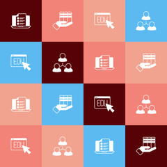 Set pop art Online quiz, test, survey, Book donation, education and class icon. Vector