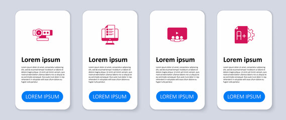 Set Exam sheet with A plus grade, Online class, quiz, test, survey and Web camera. Business infographic template. Vector