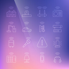 Set line Smart headphones, flasher siren, Wireless TV box receiver, Router and wi-fi signal, car system with wireless, Robotic robot arm hand factory, home and thermometer icon. Vector