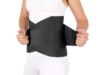 Orthopedic lumbar corset on the human body. Back brace, waist support belt for back. Posture Corrector For Back Clavicle Spine. Post-operative Hernia Pregnant and Postnatal Lumbar brace after surgery.