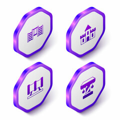 Set Isometric Swedish wall, Sand castle, Kid playground slide pipe and Attraction carousel icon. Purple hexagon button. Vector