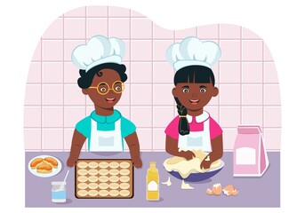 Little African-American children knead dough for dessert. The process takes place in the kitchen, where the little cooks learn how to make flour. The boy and girl are characters in a flat comic style.